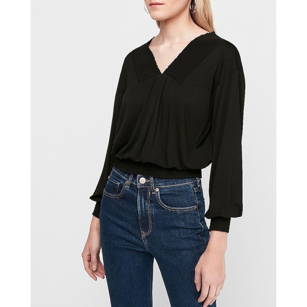 Express Smocked Black V-Neck Banded Blouse